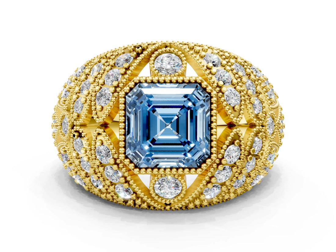 Yellow gold Fancy Blue Asscher Cut Brilliant Halo Pave Diamond Milgrain Ring
