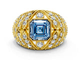 Yellow gold Fancy Blue Asscher Cut Brilliant Halo Pave Diamond Milgrain Ring