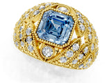 Yellow gold Fancy Blue Asscher Cut Brilliant Halo Pave Diamond Milgrain Ring_1