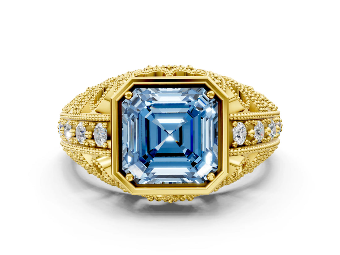 Yellow gold Fancy Blue Asscher Cut Brilliant Milgrain Filigree Diamond Ring with Square Prong Setting