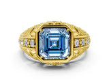 Yellow gold Fancy Blue Asscher Cut Brilliant Milgrain Filigree Diamond Ring with Square Prong Setting