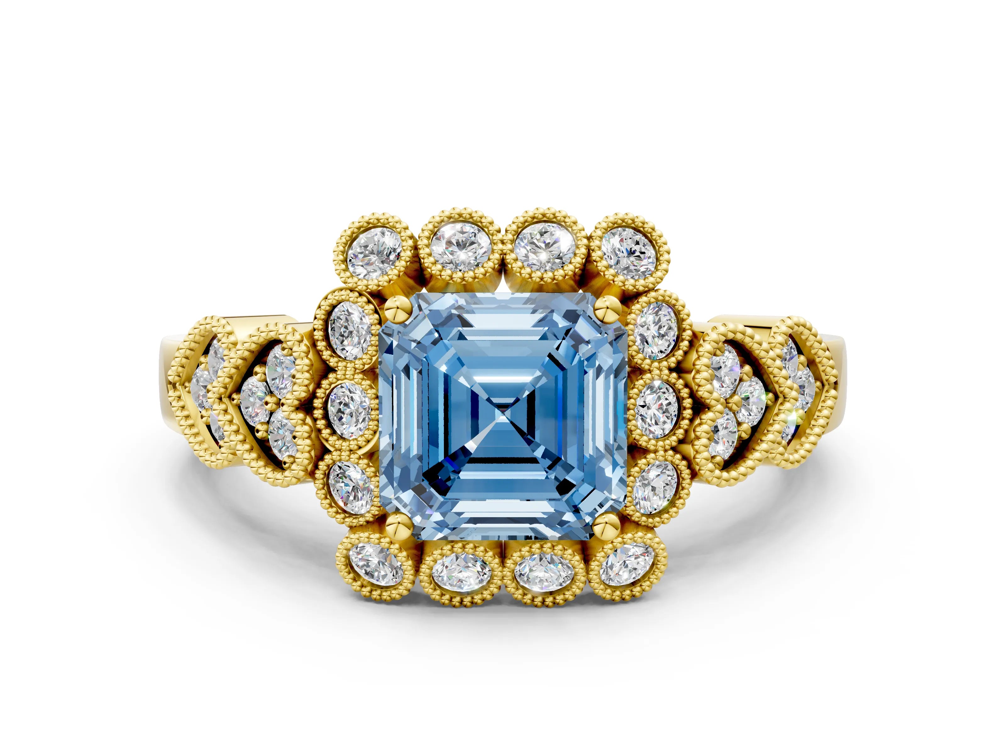 Yellow gold Fancy Blue Asscher Cut Brilliant Milgrain Pave Heart Band Solitaire Ring