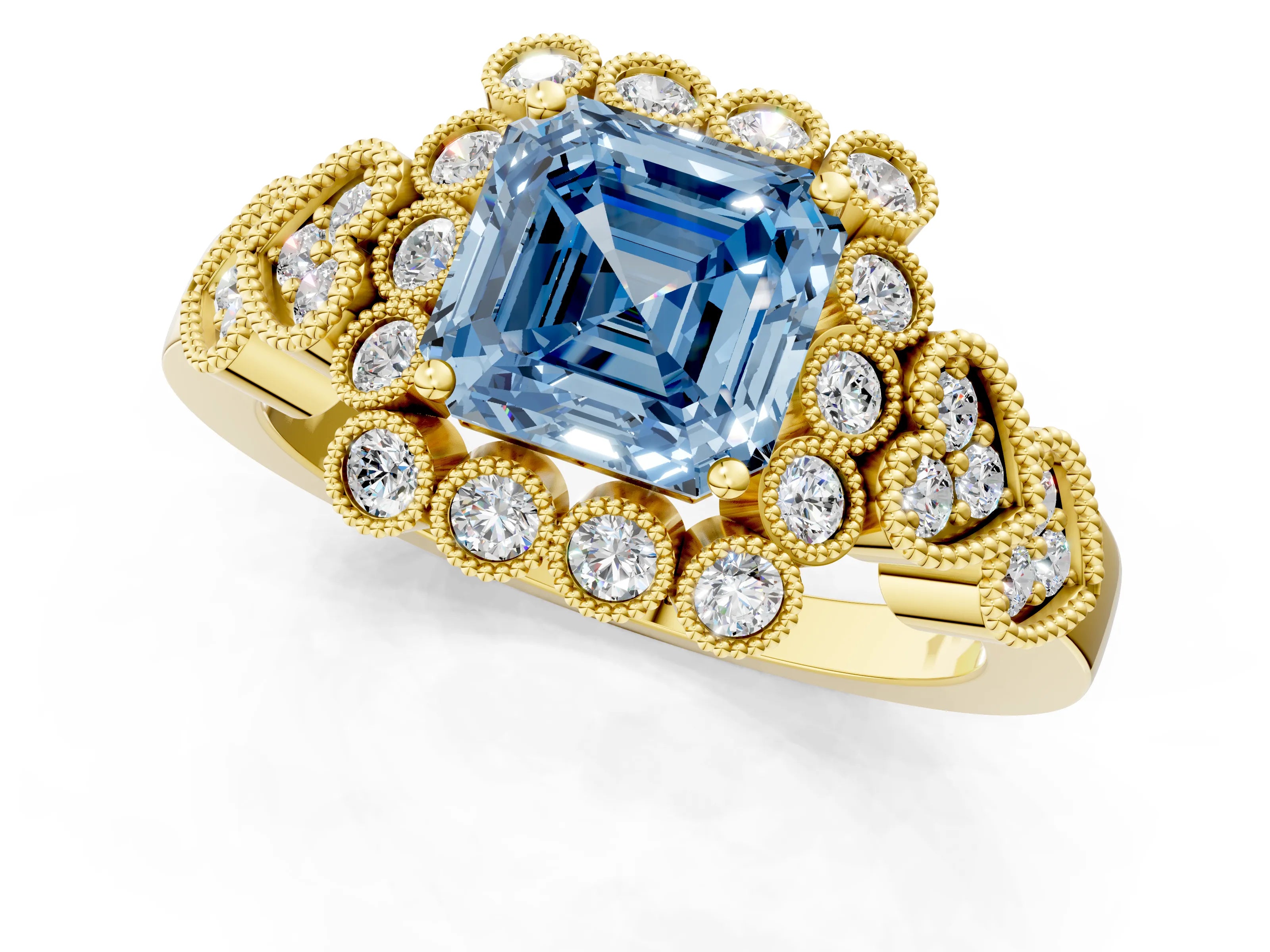 Yellow gold Fancy Blue Asscher Cut Brilliant Milgrain Pave Heart Band Solitaire Ring_1