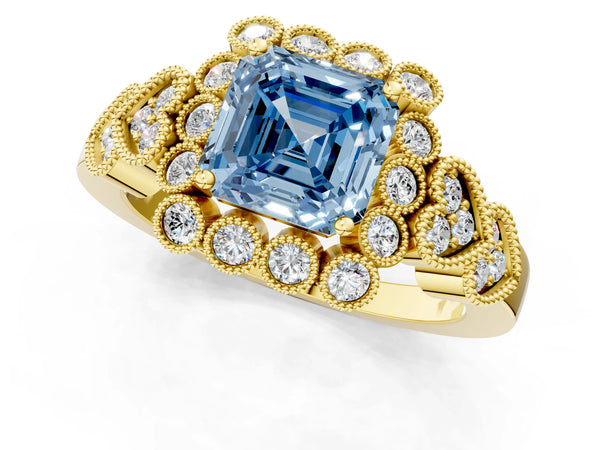 Yellow Gold Asscher Cut Milgrain Halo Engagement Ring Setting for Fancy Blue Center
