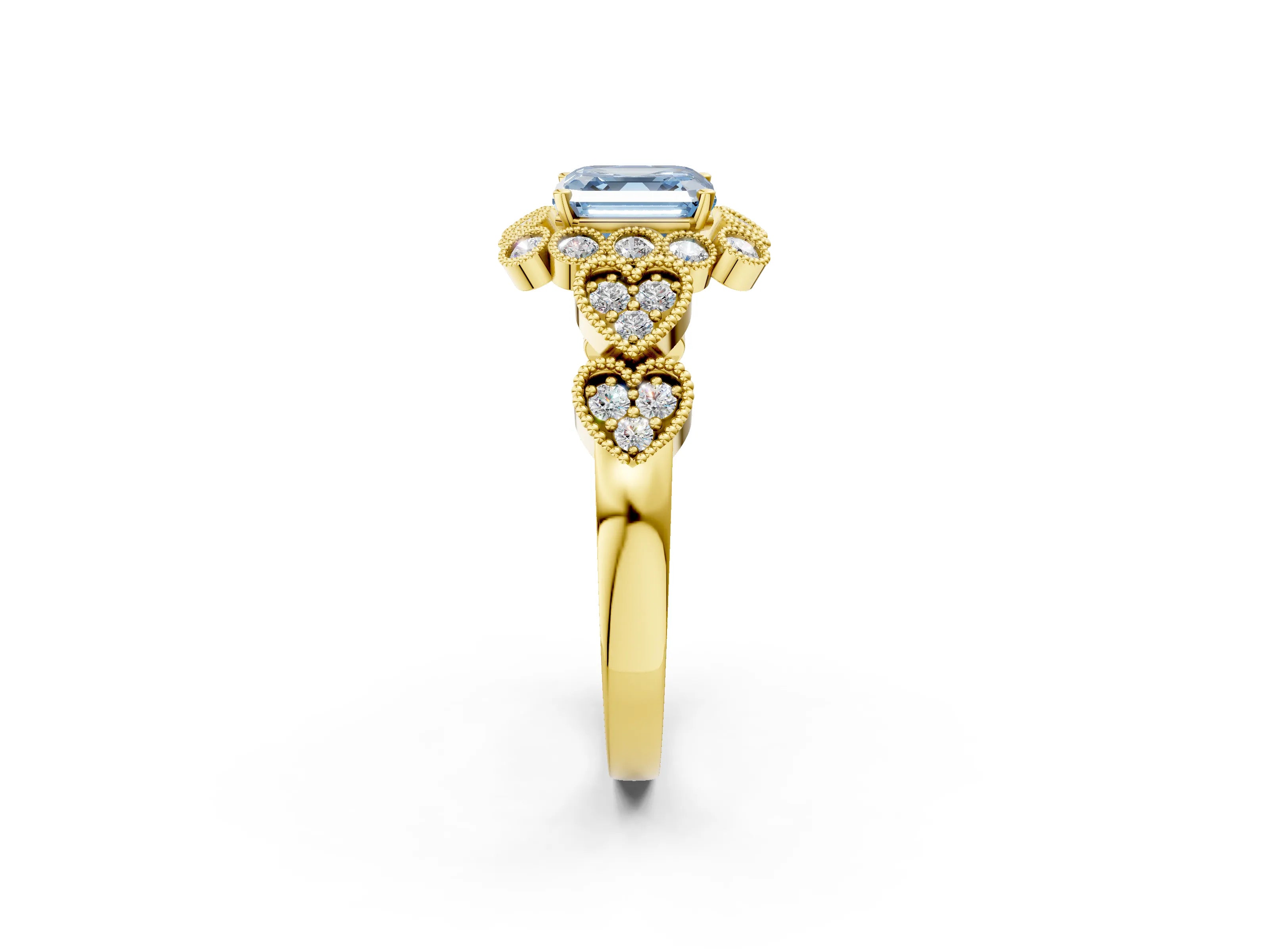 Yellow gold Fancy Blue Asscher Cut Brilliant Milgrain Pave Heart Band Solitaire Ring_2