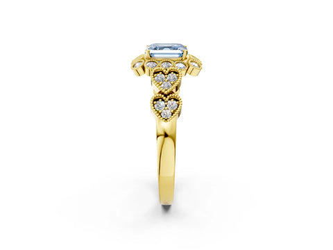 Yellow gold Fancy Blue Asscher Cut Brilliant Milgrain Pave Heart Band Solitaire Ring_2