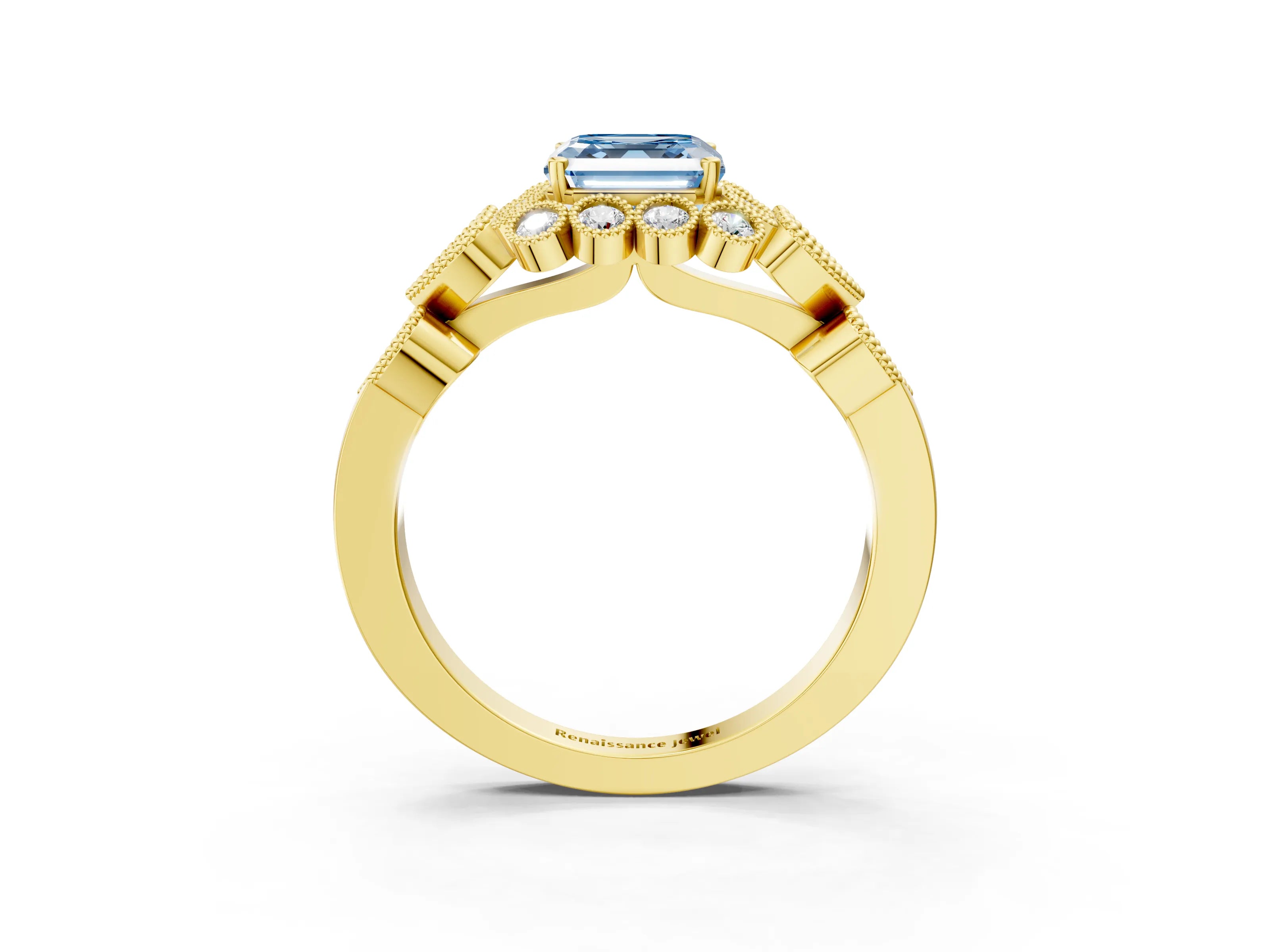 Yellow gold Fancy Blue Asscher Cut Brilliant Milgrain Pave Heart Band Solitaire Ring_3