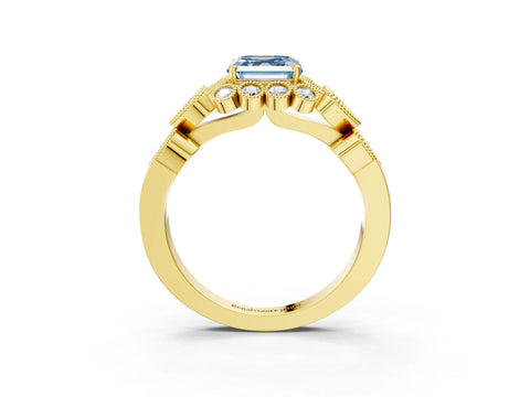 Yellow gold Fancy Blue Asscher Cut Brilliant Milgrain Pave Heart Band Solitaire Ring_3