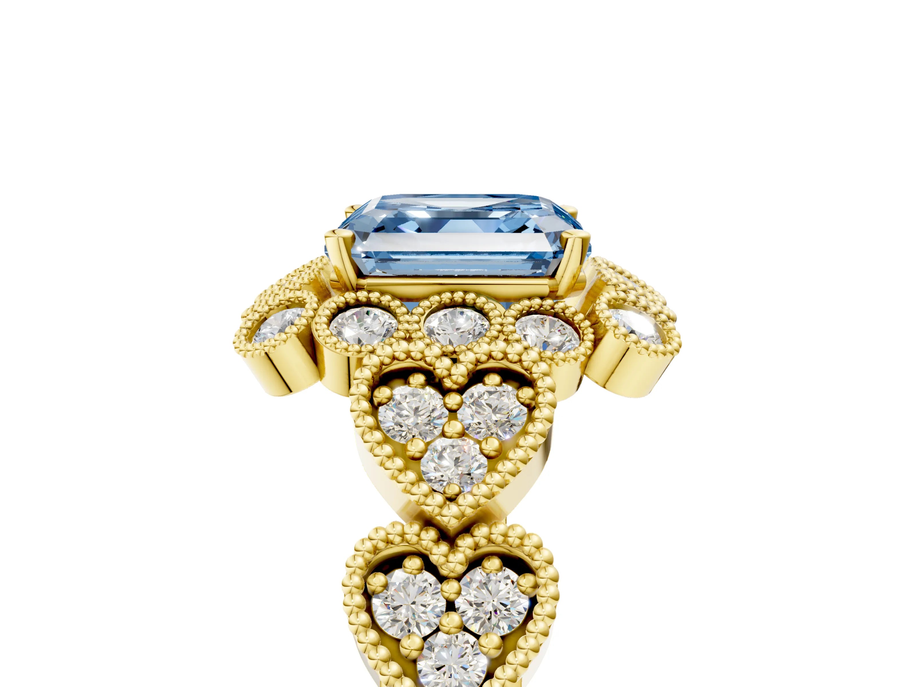 Yellow gold Fancy Blue Asscher Cut Brilliant Milgrain Pave Heart Band Solitaire Ring_5