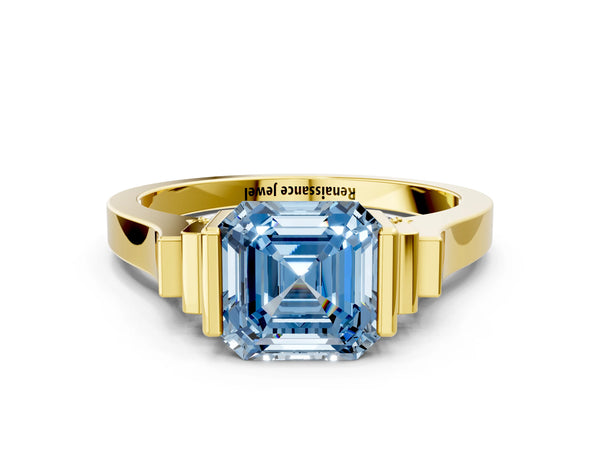 Yellow gold Fancy Blue Asscher Cut Brilliant Solitaire Diamond Ring with Channel Set Band and Bar Prong Setting