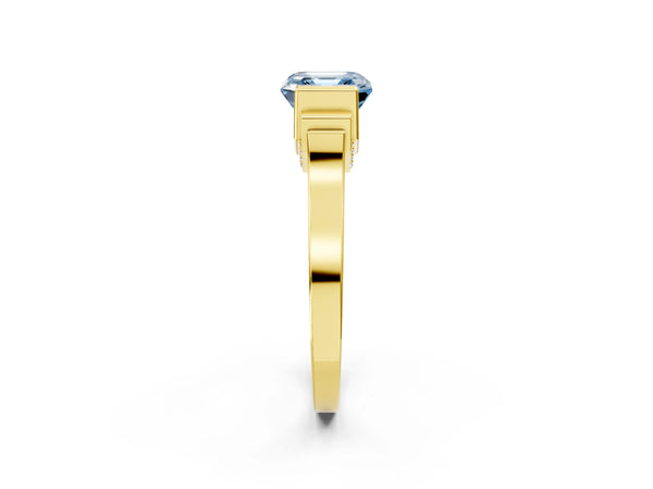 Yellow gold Fancy Blue Asscher Cut Brilliant Solitaire Diamond Ring with Channel Set Band and Bar Prong Setting
