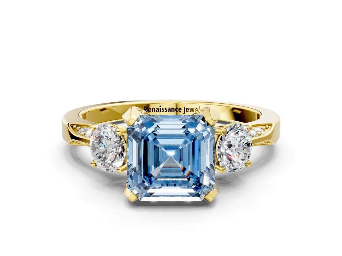 Yellow gold Fancy Blue Asscher Cut Brilliant Three-Stone Diamond Ring with Pavé Band and Four-Prong Setting_3