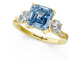 Yellow gold Fancy Blue Asscher Cut Brilliant Three-Stone Diamond Ring with Pavé Band and Four-Prong Setting_4