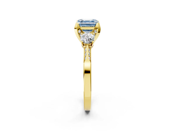 Yellow Gold Asscher Cut Three Stone Hidden Halo Engagement Ring Setting for Fancy Blue Center