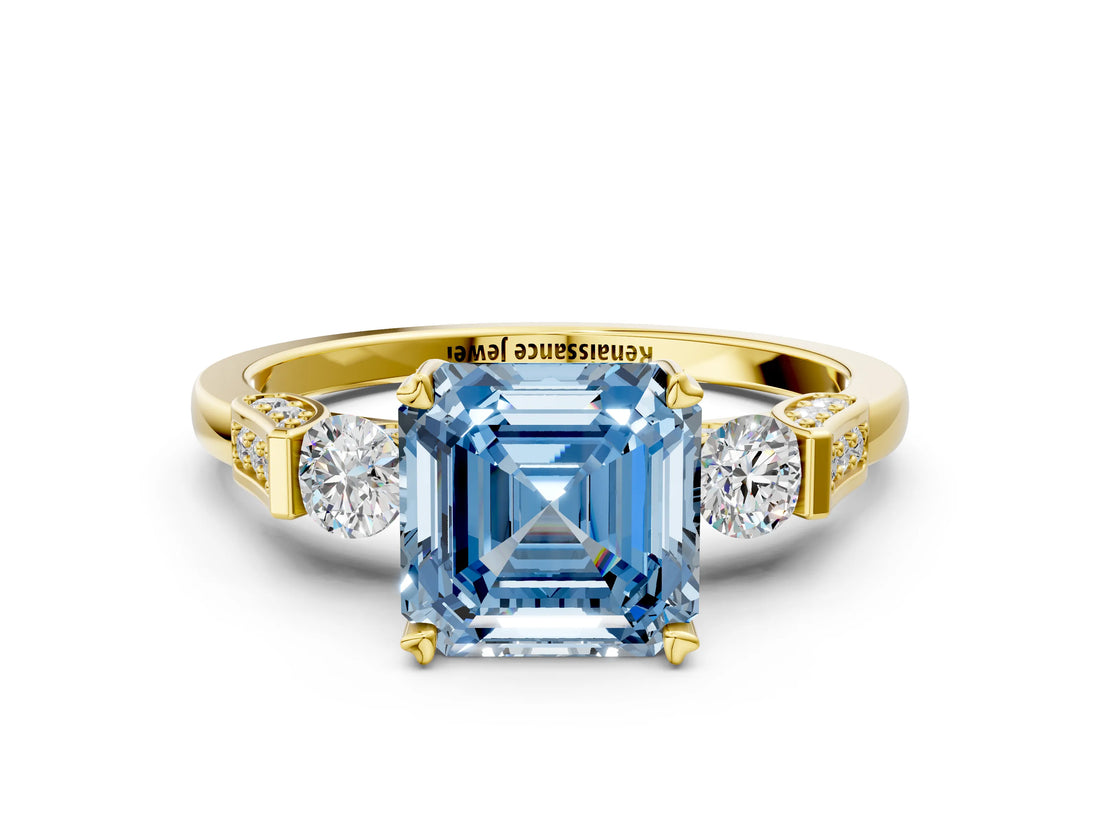 Yellow gold Fancy Blue Asscher Cut Brilliant Three-Stone Pave Band with Four-Prong Setting