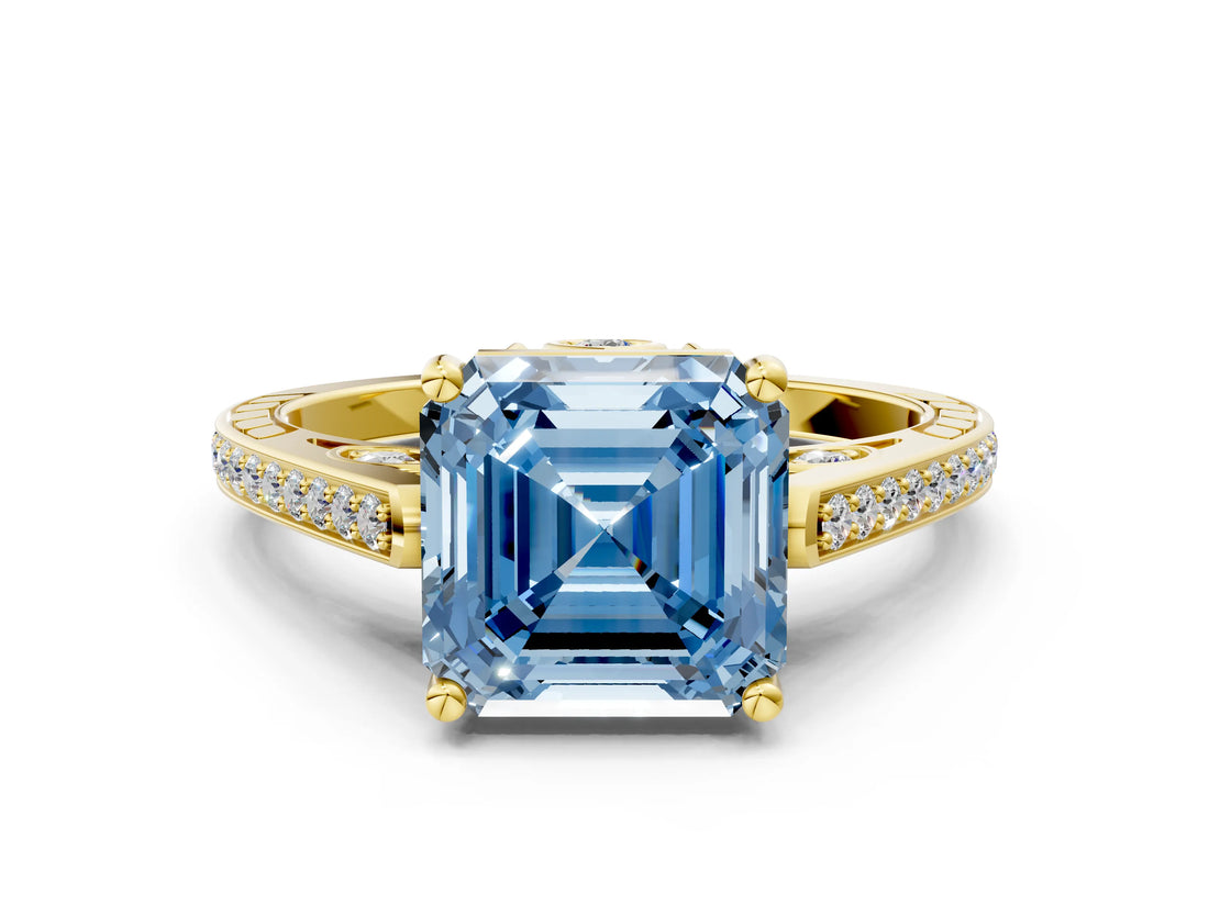 Yellow gold Fancy Blue Asscher  Cut Cathedral Pave Diamond Engagement Ring with Six-Prong Setting_31