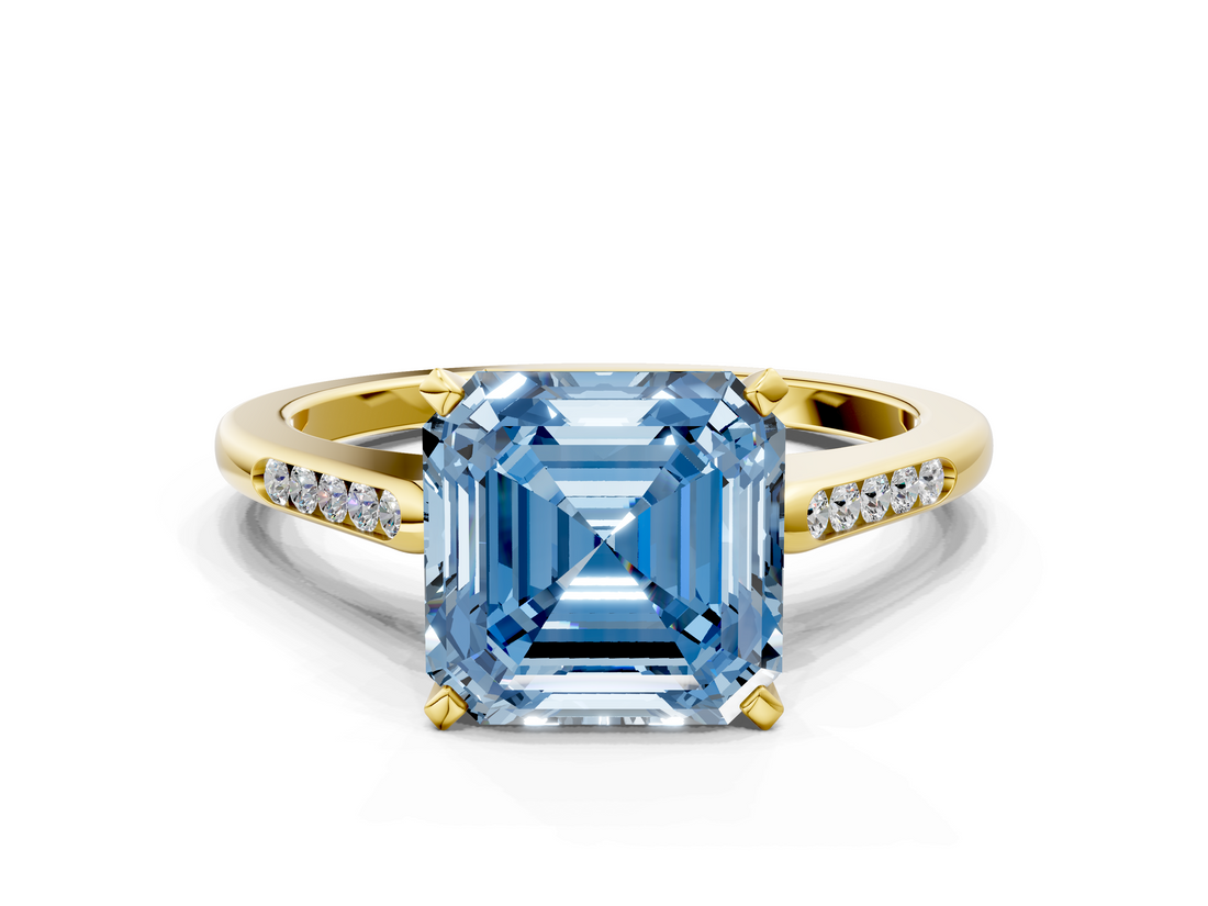 Yellow gold Fancy Blue Asscher  Cut Channel Set Solitaire Engagement Ring with Four-Prong Setting