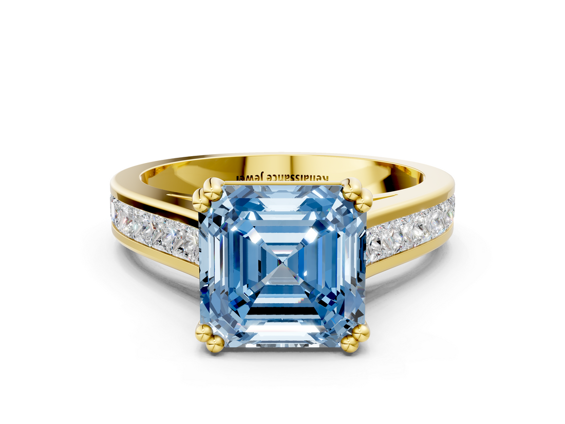 Yellow gold Fancy Blue Asscher  Cut Channel Set Solitaire Engagement Ring with Prong Setting