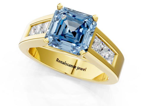 Yellow gold Fancy Blue Asscher Cut Cut Channel Set Solitaire Ring with Four-Prong Setting_1