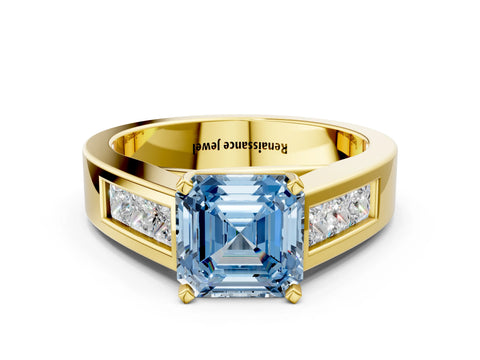Yellow gold Fancy Blue Asscher Cut Cut Channel Set Solitaire Ring with Four-Prong Setting