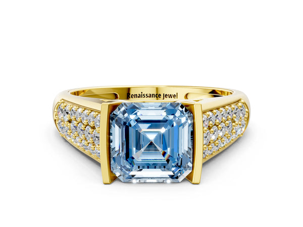 Yellow gold Fancy Blue Asscher Cut Diamond Channel Set Pave Band with Tension Prong Setting