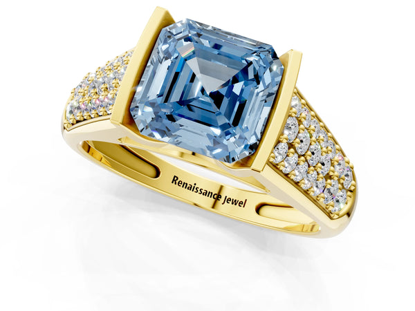 Yellow gold Fancy Blue Asscher Cut Diamond Channel Set Pave Band with Tension Prong Setting