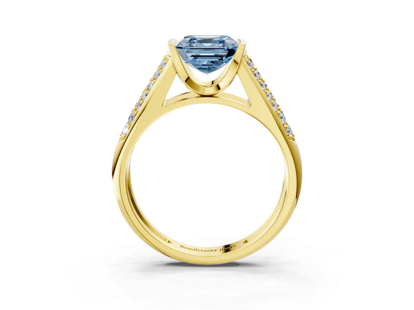 Yellow gold Fancy Blue Asscher Cut Diamond Channel Set Pave Band with Tension Prong Setting