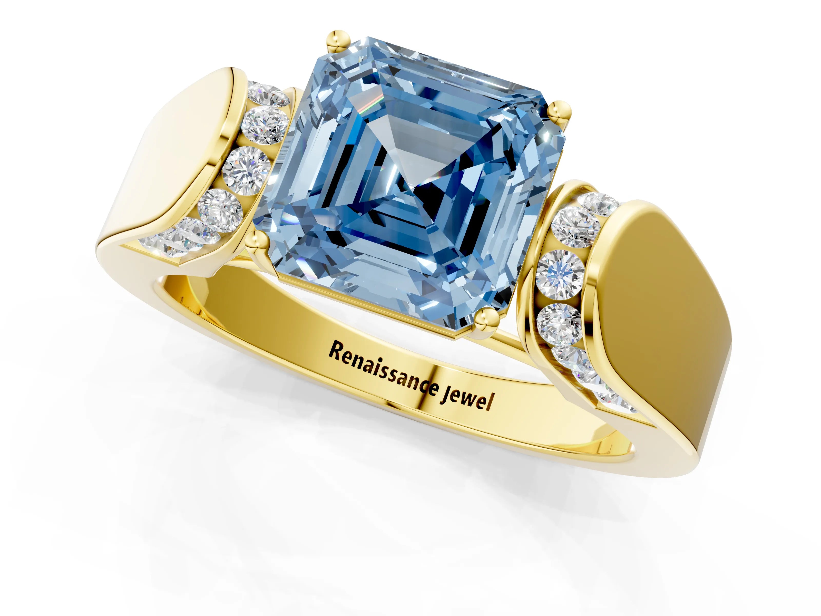 Yellow gold Fancy Blue Asscher Cut Cut Diamond Channel Set Solitaire Ring with Four-Prong Setting_1