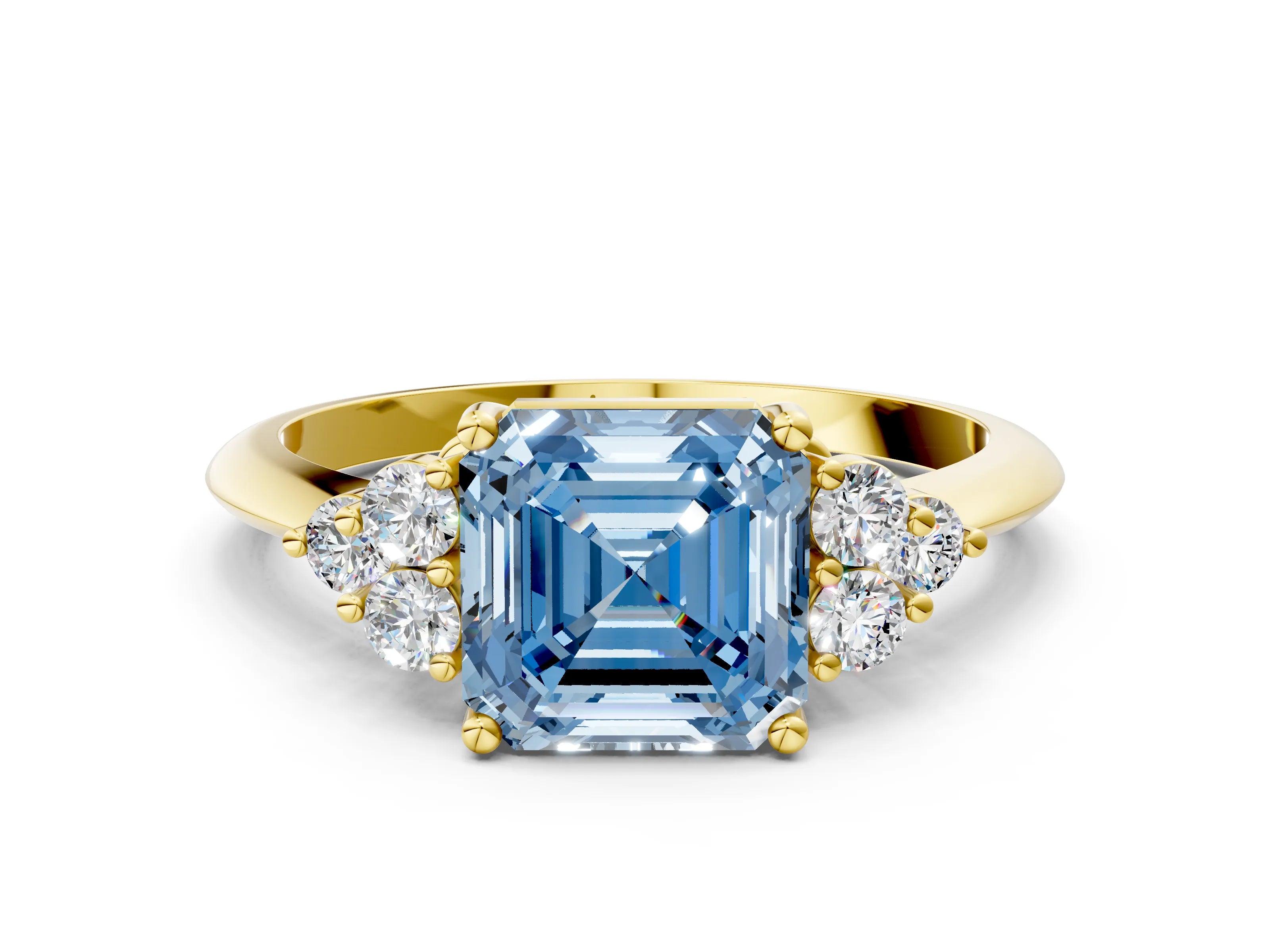 Yellow gold Fancy Blue Asscher Cut Cut Diamond Cluster Ring with Solitaire Band and Four-Prong Setting