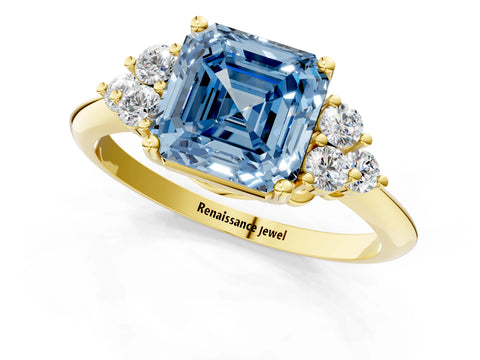 Yellow gold Fancy Blue Asscher Cut Cut Diamond Cluster Ring with Solitaire Band and Four-Prong Setting_1