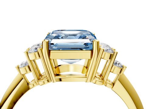 Yellow gold Fancy Blue Asscher Cut Cut Diamond Cluster Ring with Solitaire Band and Four-Prong Setting_4