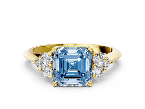 Yellow gold Fancy Blue Asscher Cut Cut Diamond Cluster Ring with Solitaire Band and Four-Prong Setting