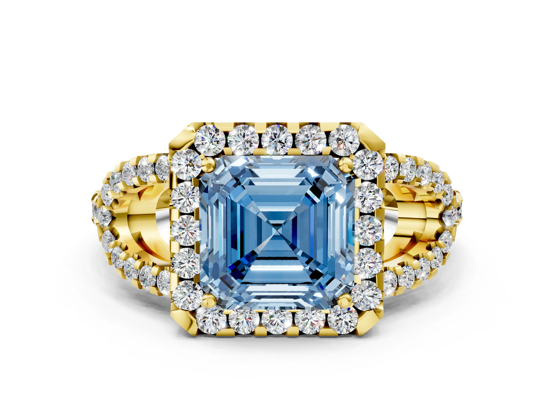 Yellow gold Fancy Blue Asscher Cut Cut Diamond Halo Engagement Ring with Open Split Pavé Band