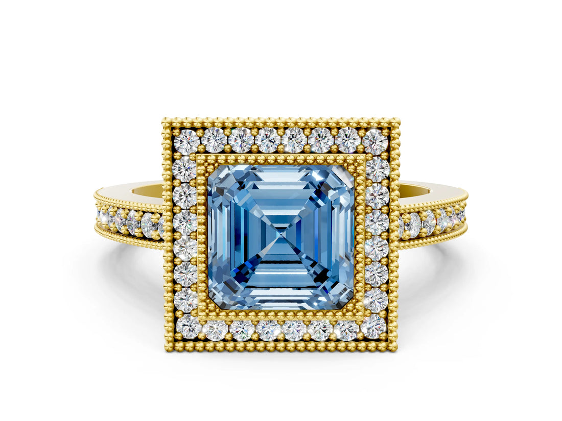 Yellow gold Fancy Blue Asscher Cut-Cut Diamond Halo Engagement Ring with Pave Band and Prong Setting
