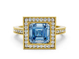 Yellow gold Fancy Blue Asscher Cut-Cut Diamond Halo Engagement Ring with Pave Band and Prong Setting
