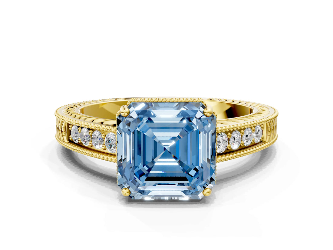 Yellow gold Fancy Blue Asscher Cut Cut Diamond Milgrain Pave Band Four-Prong Setting Ring_3