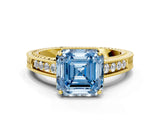 Yellow gold Fancy Blue Asscher Cut Cut Diamond Milgrain Pave Band Four-Prong Setting Ring_3