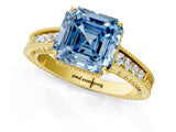 Yellow gold Fancy Blue Asscher Cut Cut Diamond Milgrain Pave Band Four-Prong Setting Ring_4