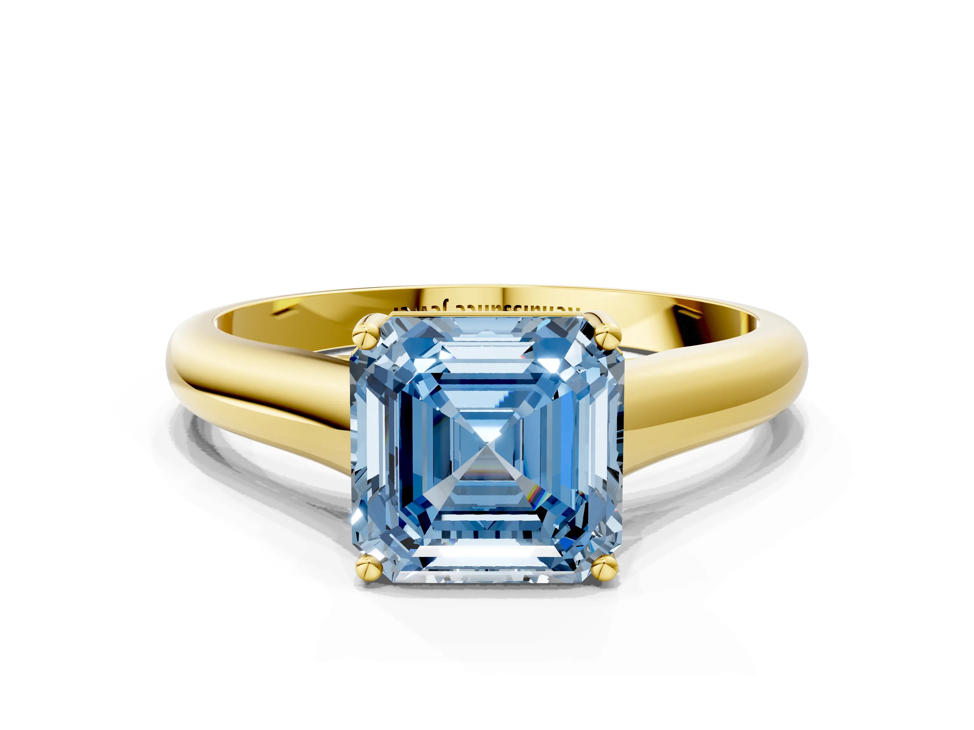 Yellow gold Fancy Blue Asscher Cut Cut Diamond Solitaire Engagement Ring with Tapered Plain Band and Four-Prong Setting