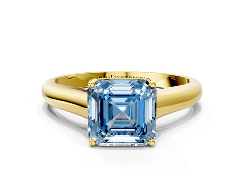 Yellow gold Fancy Blue Asscher Cut Cut Diamond Solitaire Engagement Ring with Tapered Plain Band and Four-Prong Setting