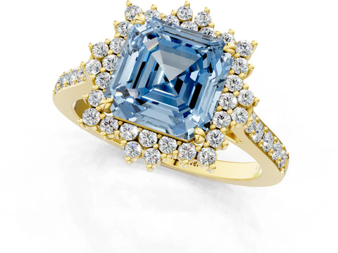 Yellow gold Fancy Blue Asscher Cut Cut Diamond Sunburst Halo Engagement Ring with Pavé Band_1