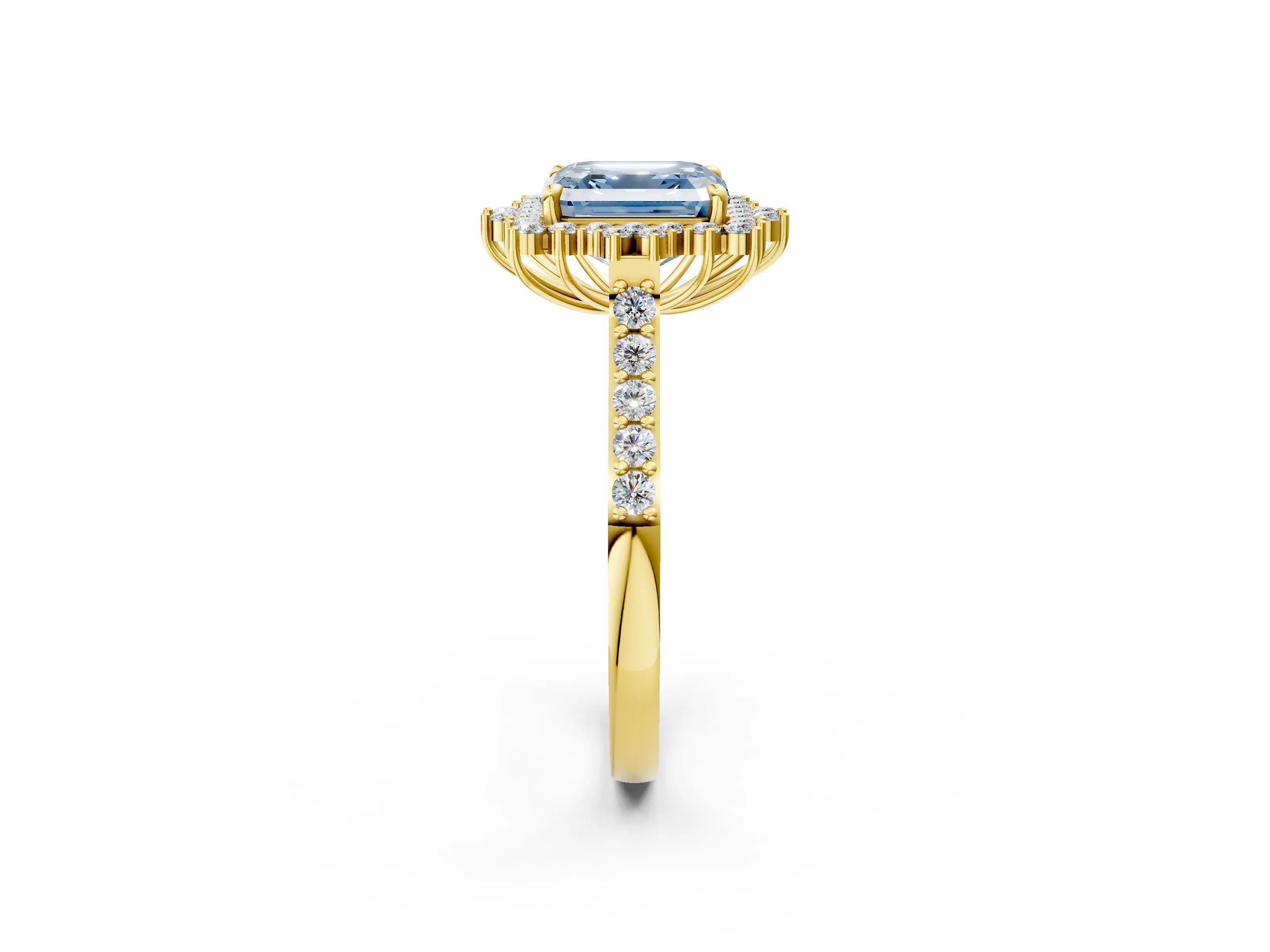 Yellow gold Fancy Blue Asscher Cut Cut Diamond Sunburst Halo Engagement Ring with Pavé Band_2