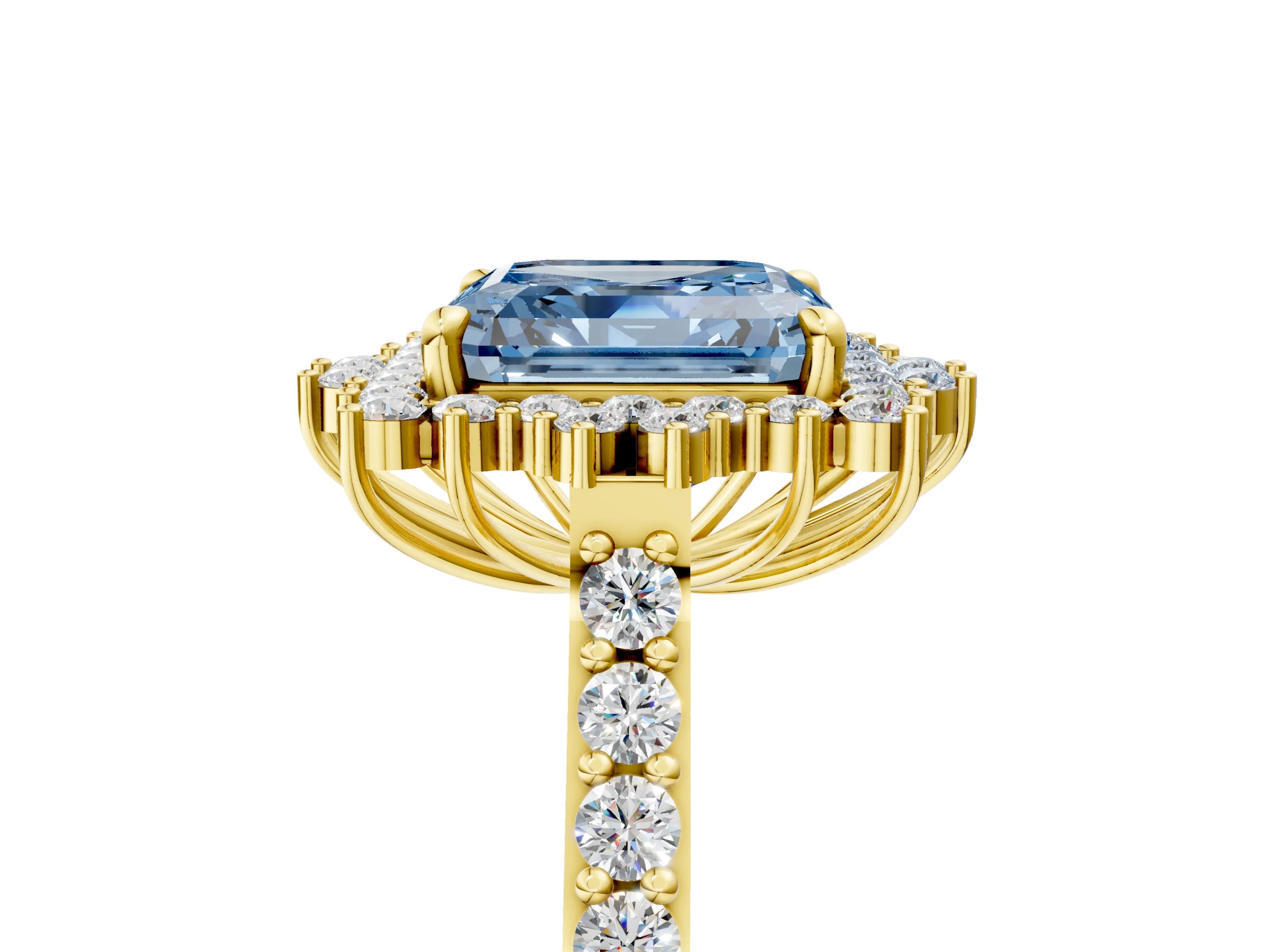 Yellow gold Fancy Blue Asscher Cut Cut Diamond Sunburst Halo Engagement Ring with Pavé Band_5