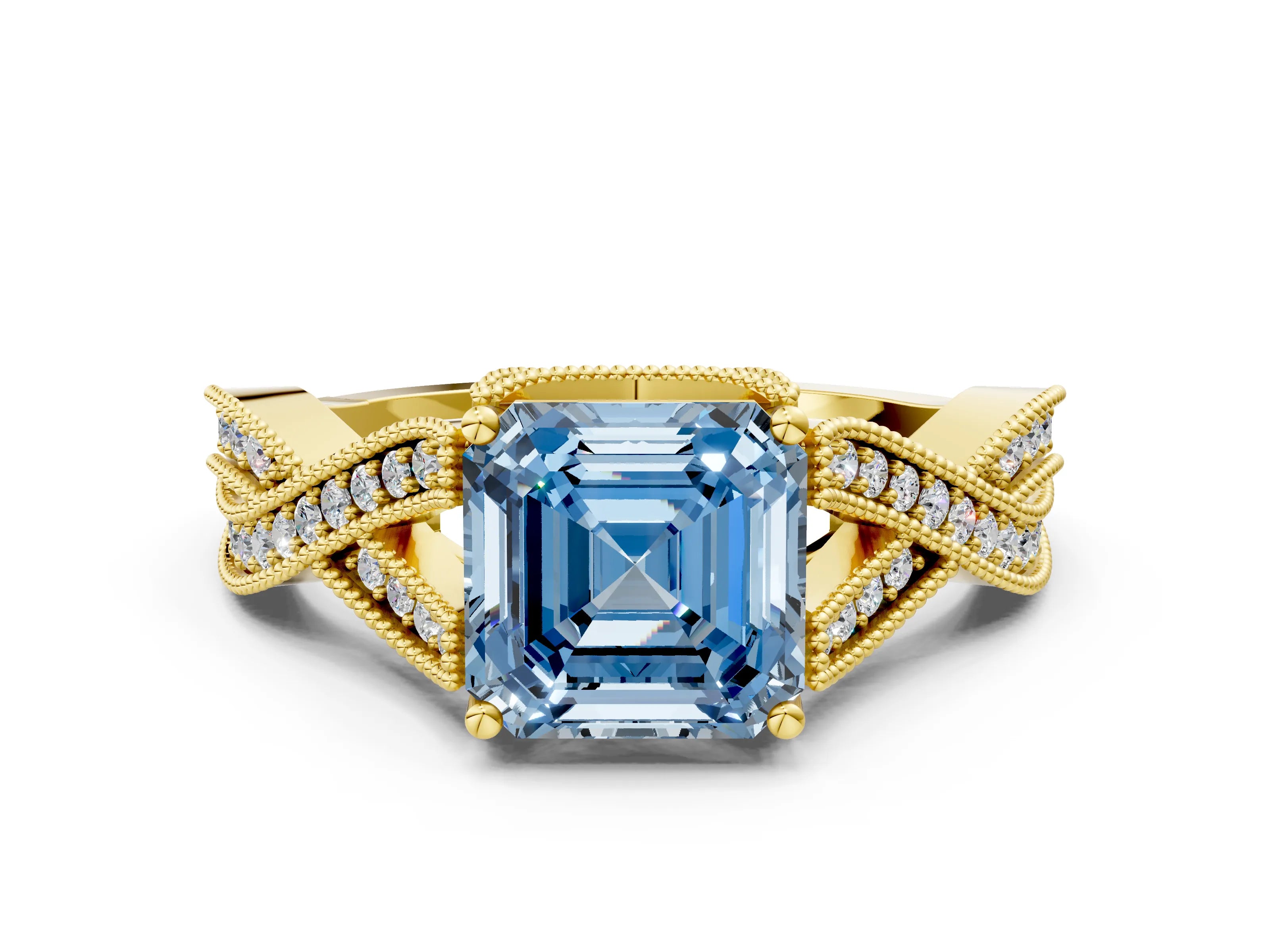 Yellow gold Fancy Blue Asscher Cut Cut Diamond Twisted Band with Milgrain Pave Setting and Four-Prong Setting