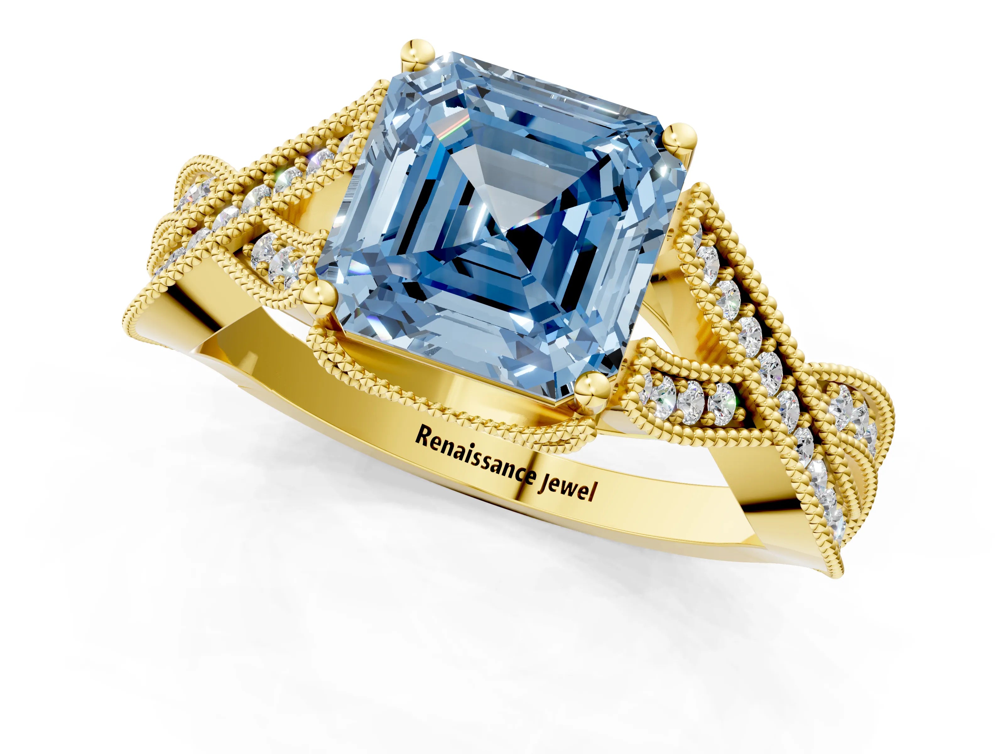 Yellow gold Fancy Blue Asscher Cut Cut Diamond Twisted Band with Milgrain Pave Setting and Four-Prong Setting_1
