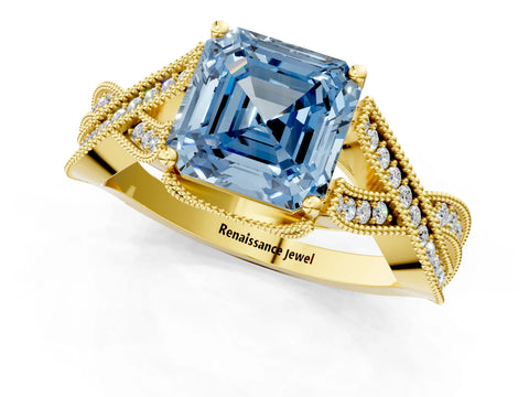 Yellow gold Fancy Blue Asscher Cut Cut Diamond Twisted Band with Milgrain Pave Setting and Four-Prong Setting_1