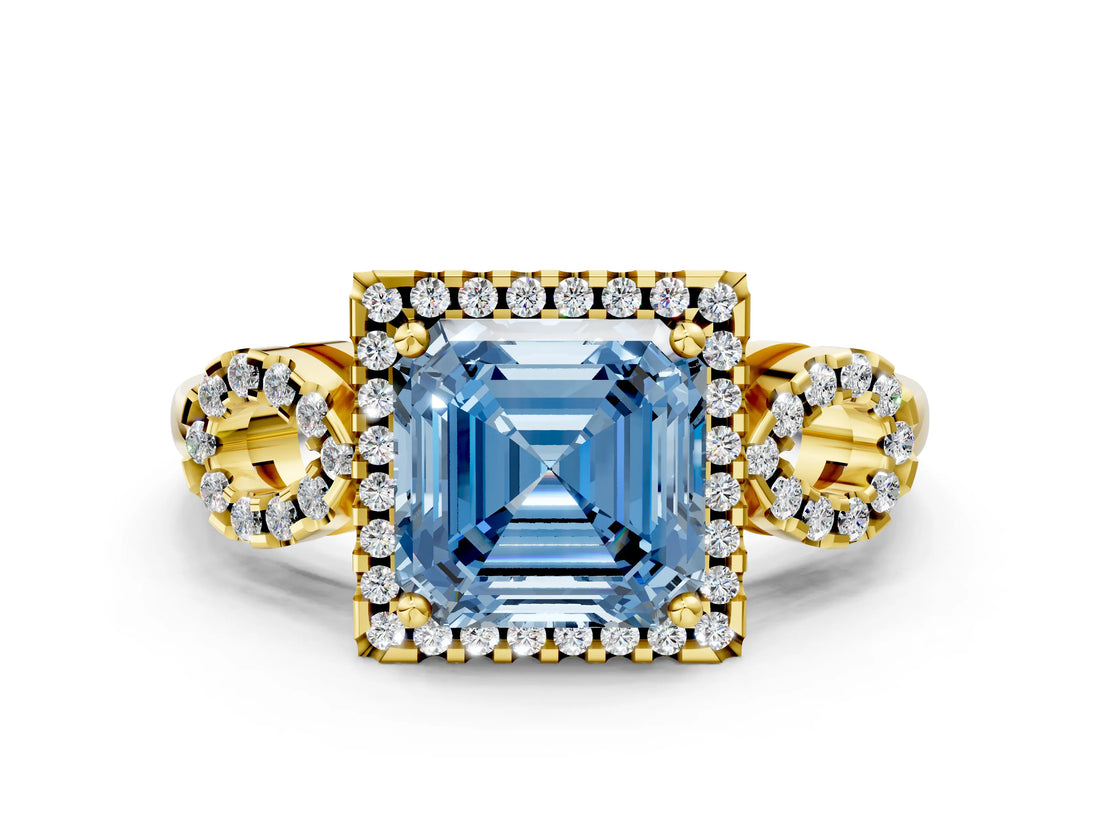 Yellow gold Fancy Blue Asscher Cut Cut Halo Diamond Infinity Band with Four-Prong Setting