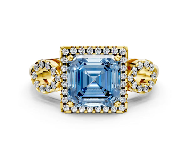 Yellow Gold Asscher Cut Pave Infinity Halo Engagement Ring Setting for Fancy Blue Center