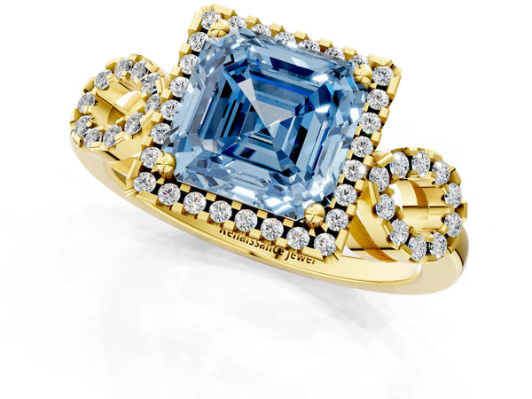 Yellow Gold Asscher Cut Pave Infinity Halo Engagement Ring Setting for Fancy Blue Center