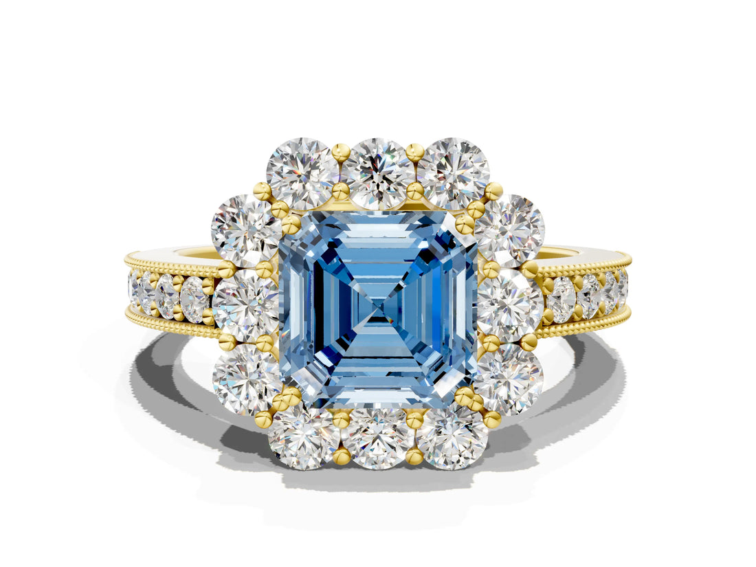 Yellow gold Fancy Blue Asscher Cut Cut Halo Diamond Pavé Engagement Ring with Milgrain Detailing